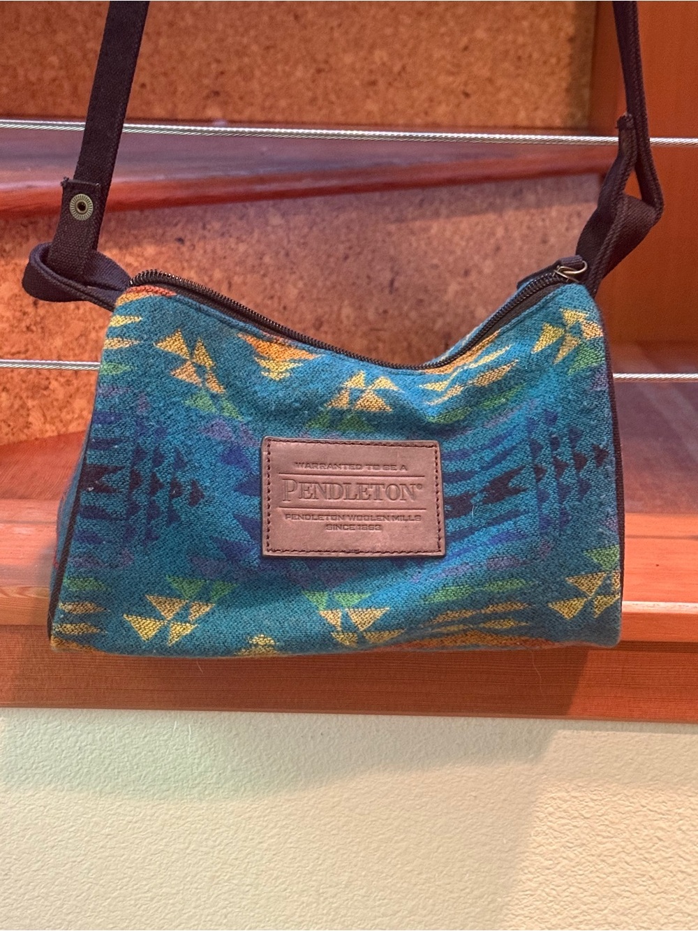 Pendleton Large Three Pocket Keeper Crossbody Bag Teal Blue Geometric Wool Purse